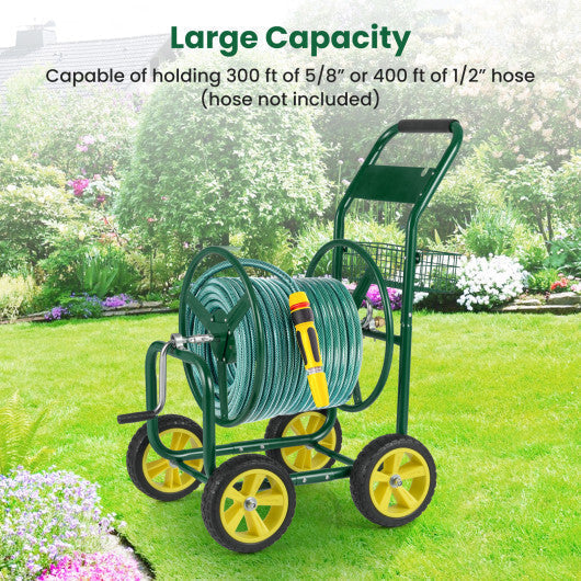 Garden Hose Reel Cart Metal Hose Cart with 4 Wheels and Storage Basket-Green LuxuryLifeWay Online Store