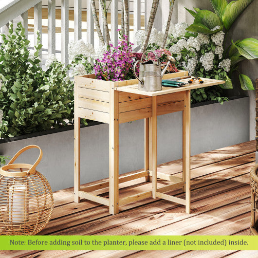 Wooden Raised Garden Bed with Legs and Foldable Side Table
