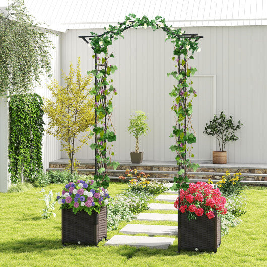 82 x 99 Inch Garden Arch Trellis with 2 Self-Watering Planter Boxes Wheels-Black