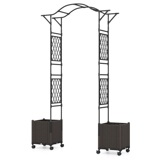 82 x 99 Inch Garden Arch Trellis with 2 Self-Watering Planter Boxes Wheels-Black