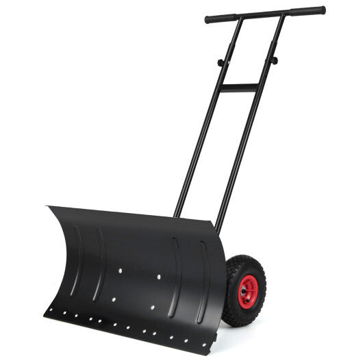 29 Inch Snow Pusher Heavy Duty Metal Shovel with Wheels and Adjustable Handle-Black LuxuryLifeWay Online Store