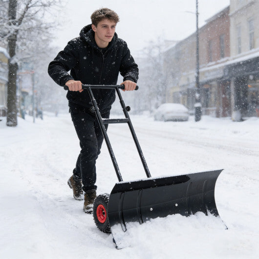 29 Inch Snow Pusher Heavy Duty Metal Shovel with Wheels and Adjustable Handle-Black LuxuryLifeWay Online Store