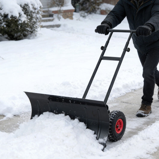 29 Inch Snow Pusher Heavy Duty Metal Shovel with Wheels and Adjustable Handle-Black LuxuryLifeWay Online Store