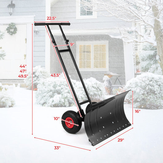 29 Inch Snow Pusher Heavy Duty Metal Shovel with Wheels and Adjustable Handle-Black LuxuryLifeWay Online Store