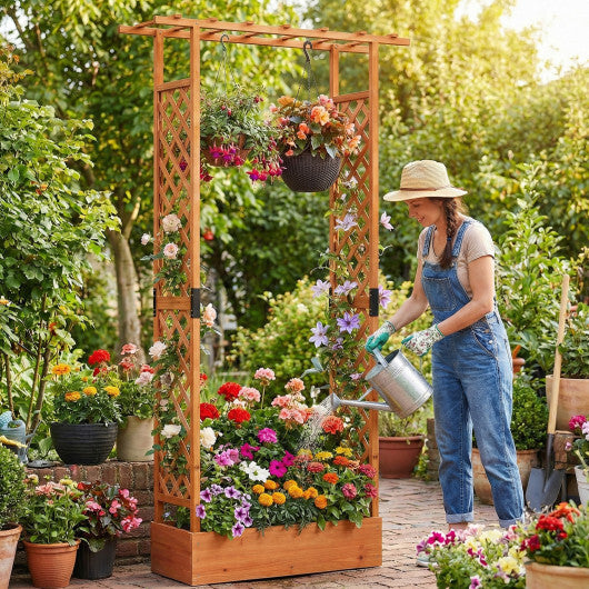 89 Inch Tall Wooden Raised Garden Bed with Side Trellis and Hanging Roof Drainage Holes-Orange LuxuryLifeWay Online Store