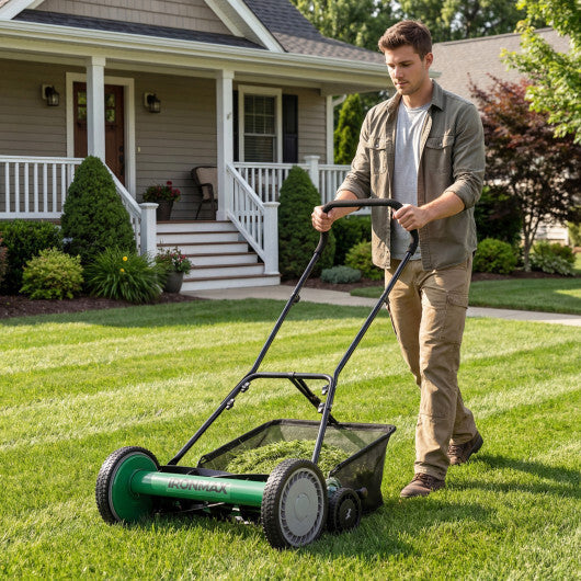 18 Inch Push Reel Lawn Mower 4-Position Adjustable with Removable Grass Catcher-Green LuxuryLifeWay Online Store