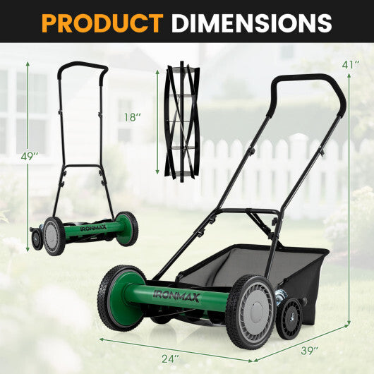 18 Inch Push Reel Lawn Mower 4-Position Adjustable with Removable Grass Catcher-Green LuxuryLifeWay Online Store