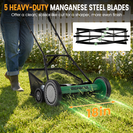 18 Inch Push Reel Lawn Mower 4-Position Adjustable with Removable Grass Catcher-Green LuxuryLifeWay Online Store