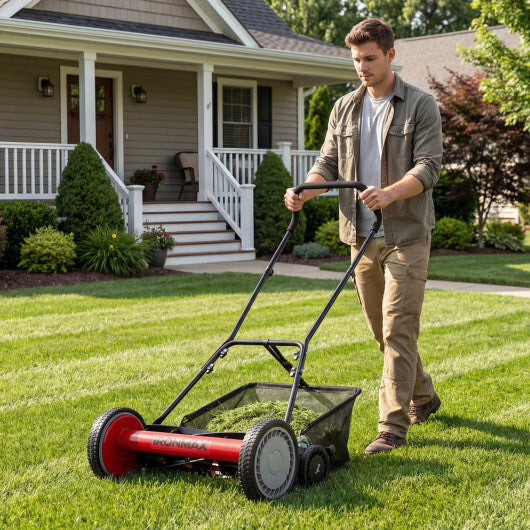 18 Inch Push Reel Lawn Mower 4-Position Adjustable with Removable Grass Catcher-Green LuxuryLifeWay Online Store