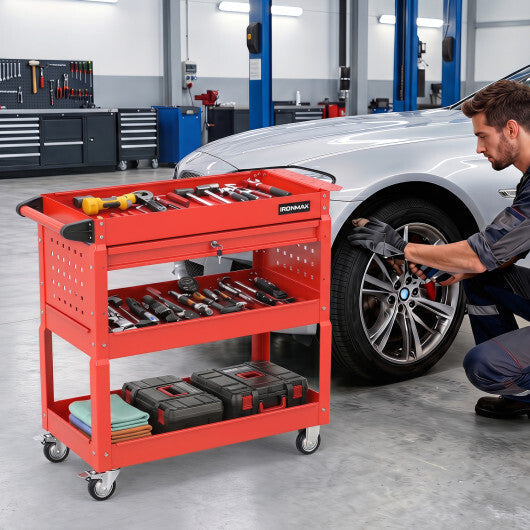 3 Tier Rolling Tool Cart with Lockable Drawer for Garage and Workshop-Black