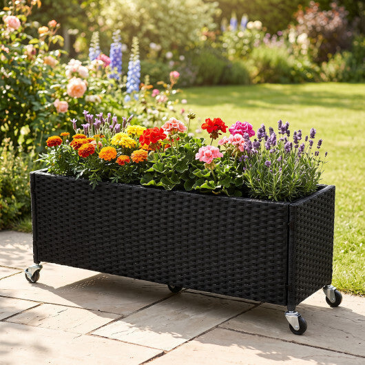 Raised Garden Bed PE Rattan Wicker Patio Planter Box with Liner and Wheels LuxuryLifeWay Online Store