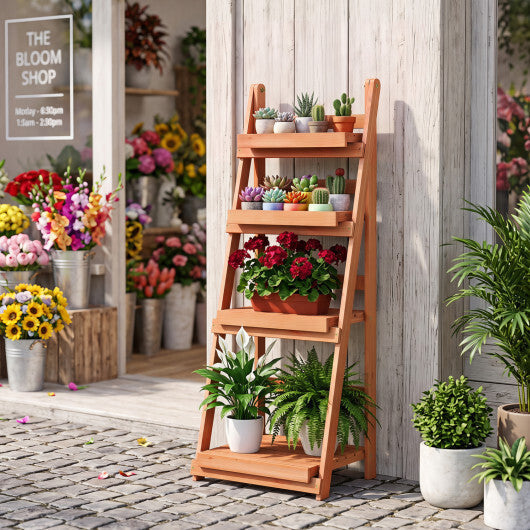 4-Tier Foldable Plant Stand with Slatted Shelves for Garden-Orange LuxuryLifeWay Online Store