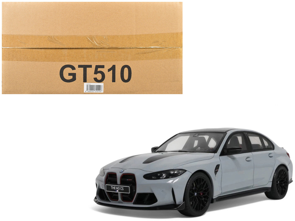 2024 BMW M3 CS M Brooklyn Gray Metallic with Black Top and Hood Stripes 1/18 Model Car by GT Spirit LuxuryLifeWay Online Store