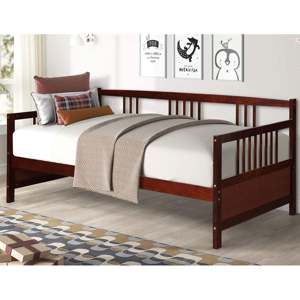 Twin size 2-in-1 Wood Daybed Frame Sofa Bed in Brown Cherry Finish LuxuryLifeWay Online Store