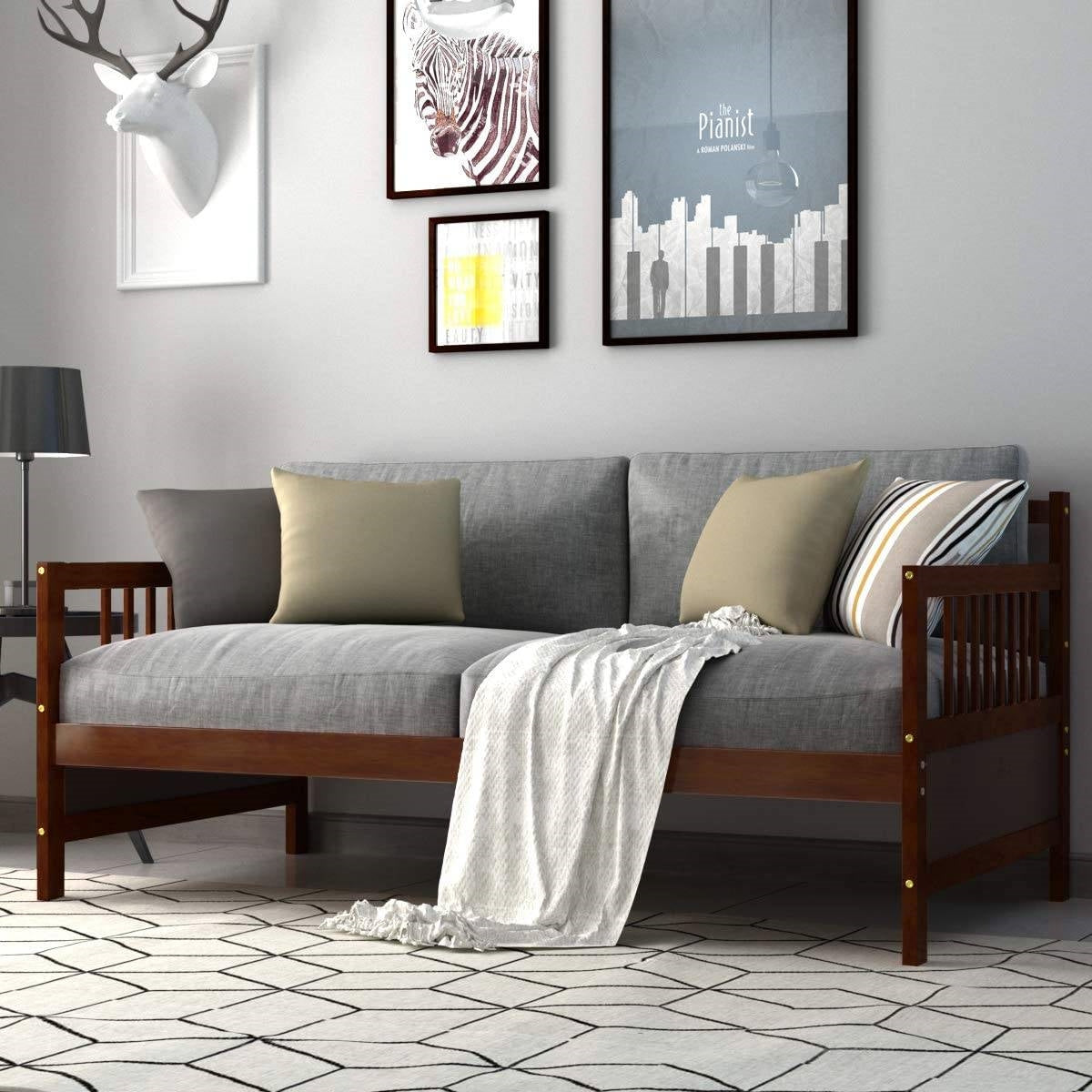 Twin size 2-in-1 Wood Daybed Frame Sofa Bed in Brown Cherry Finish LuxuryLifeWay Online Store