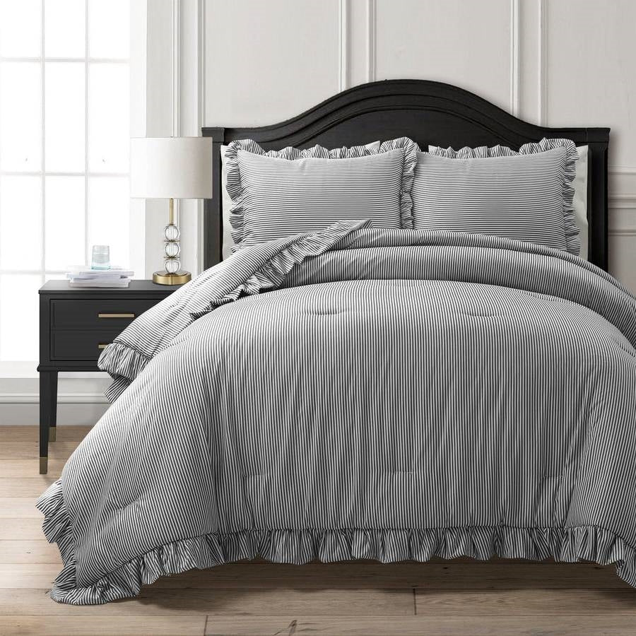 Full/Queen Grey White Stripe Ruffle Reversible 3 Piece Comforter Set LuxuryLifeWay Online Store
