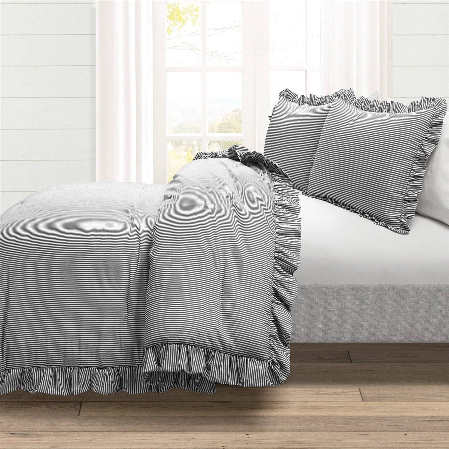 Full/Queen Grey White Stripe Ruffle Reversible 3 Piece Comforter Set LuxuryLifeWay Online Store