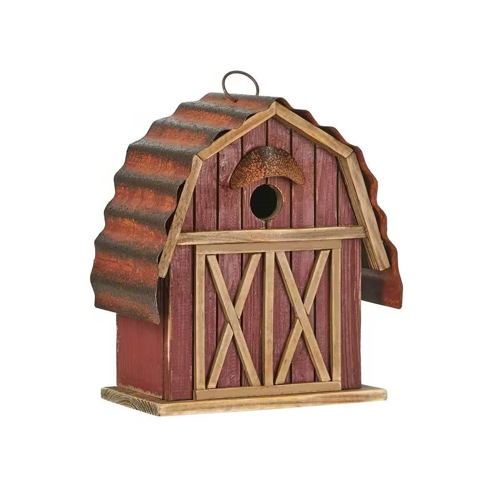 Outdoor Red Wood and Metal Barn Style Hanging Bird House LuxuryLifeWay Online Store