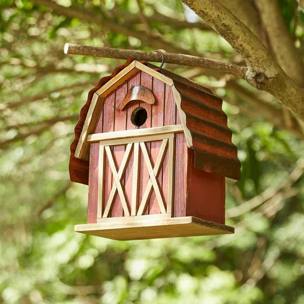 Outdoor Red Wood and Metal Barn Style Hanging Bird House LuxuryLifeWay Online Store