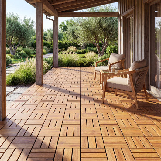 12 x 12 Inch 27 Piece Acacia Wood Interlocking Deck Tiles with Waterproof Design-Natural