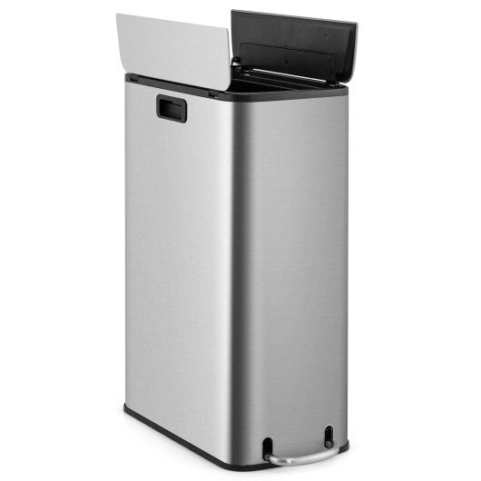 12 Gal Stainless Steel Trash Can with Soft-Closing Wing Lids-Silver