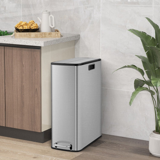 12 Gal Stainless Steel Trash Can with Soft-Closing Wing Lids-Silver