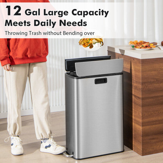 12 Gal Stainless Steel Trash Can with Soft-Closing Wing Lids-Silver