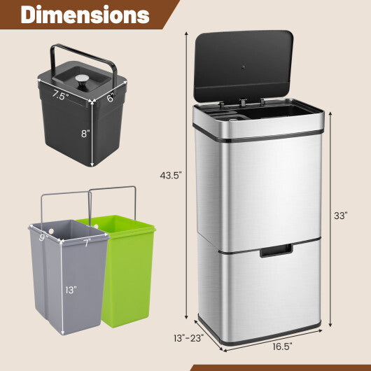 19 Gal Stainless Steel Trash Can with Kitchen Waste Bin and 2 Bottom Recycling Bins-Silver