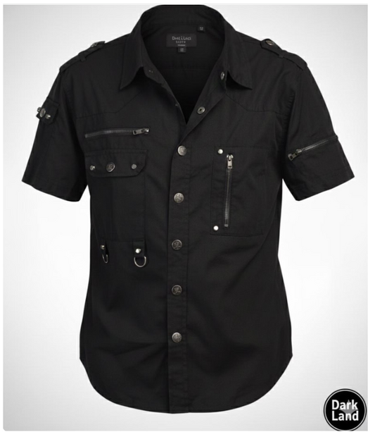 Gothic Industrial Short-Sleeve Shirt - Black Metal & Zipper Detail Top Pi-Mart