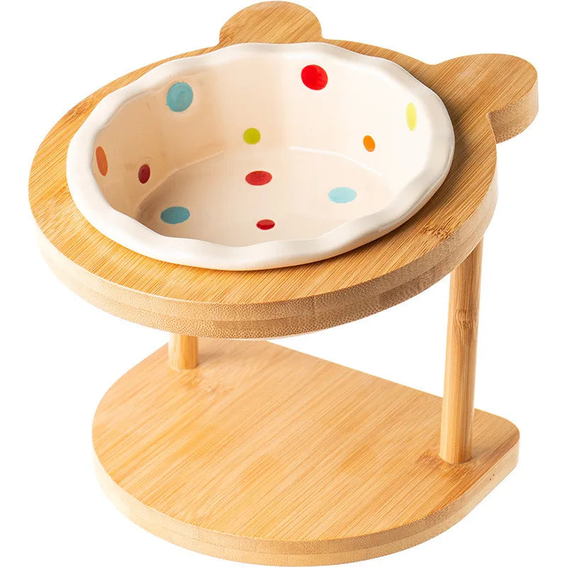Cute Pets Double Bowl Dog Cat Food Water Feeder Stand Raised Ceramic Dish Bowl Wooden Table Pet Supplies Pi-Mart