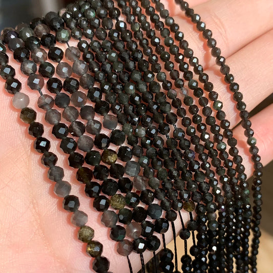 Natural Black Obsidian Stone 2/3/4mm Faceted Loose Round Mineral Beads for Jewelry Making DIY Christmas Gift Bracelets 15inch Pi-Mart