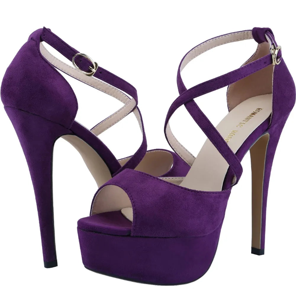 2026 Women Sandals 14CM Platform High Heels Sexy Ankle Strap Sandal Open Toe Stilettos Party Dress Wedding Shoes Plus Size 44 Pi-Mart
