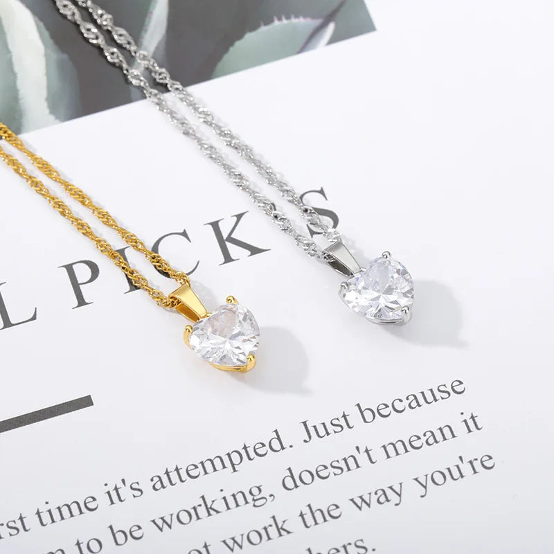 Heart Necklaces For Women Stainless Steel Gold Plated Chain Zircon Heart Pendant Choker Necklace Wedding Boho Jewelry Gift Femme Pi-Mart