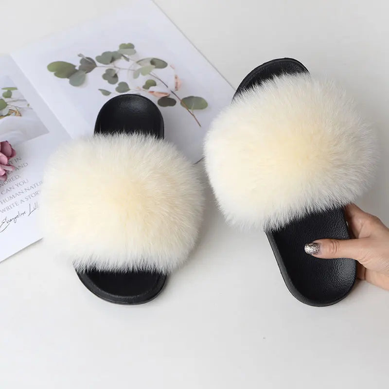Women Summer Casual Fluffy Slippers With Fur Flat Non-Slip Real Fox Fur Furry Slides Large Size Shoes Fur Sandals LadyShow.Store