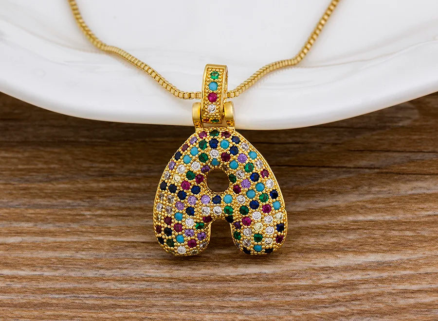 Nidin Fashion Luxury 26 Letters Copper Zircon Pendant Necklace for Women Rainbow Initials Name Necklace Wedding Party Jewelry Pi-Mart