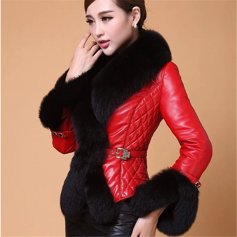 New Winter Leather Jacket Women Coat Faux Fox Fur Collar Short Coat PU Leather Female Jacket Elegant Motorcycle Zipper Outerwear Pi-Mart