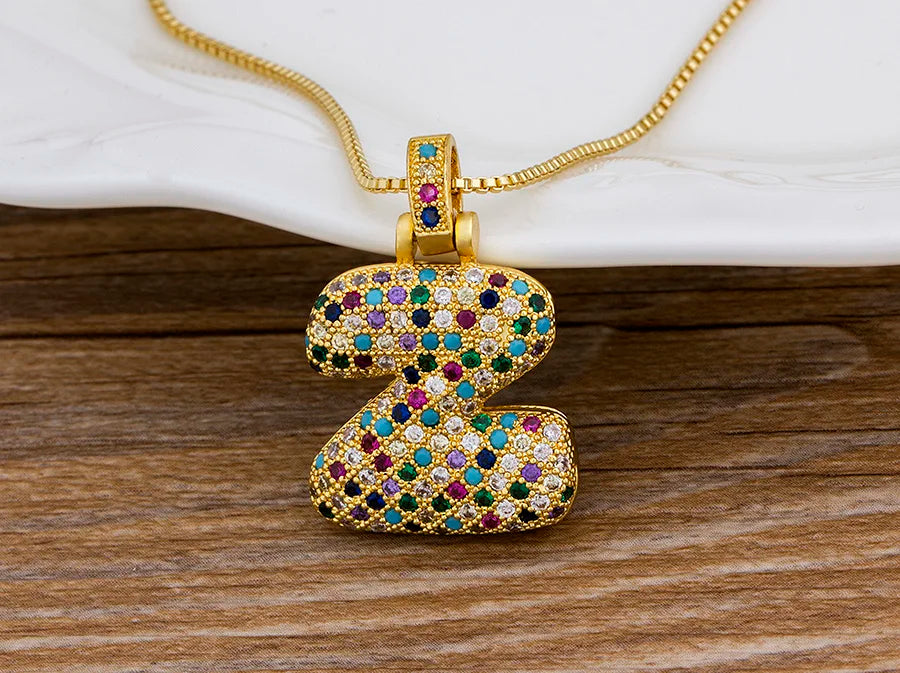 Nidin Fashion Luxury 26 Letters Copper Zircon Pendant Necklace for Women Rainbow Initials Name Necklace Wedding Party Jewelry Pi-Mart