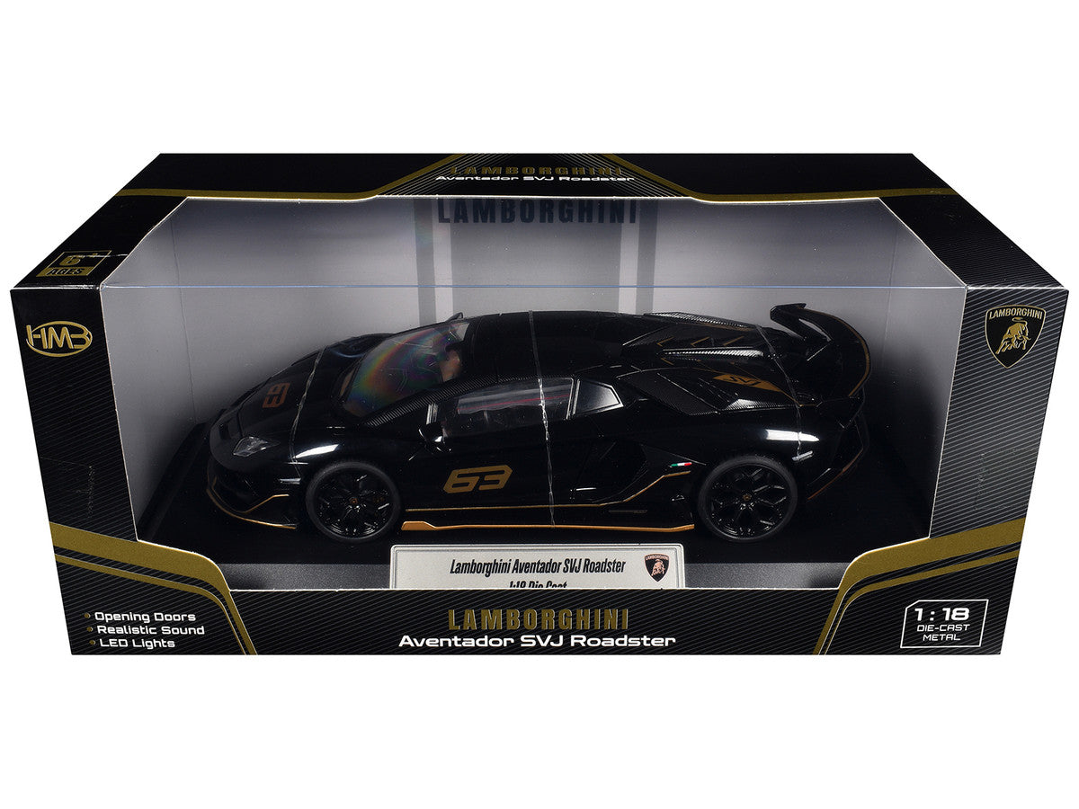 Lamborghini Aventador SVJ Roadster Black with Carbon Top and Gold Accents 1/18 Diecast Model Car by Heimanba LuxuryLifeWay Online Store