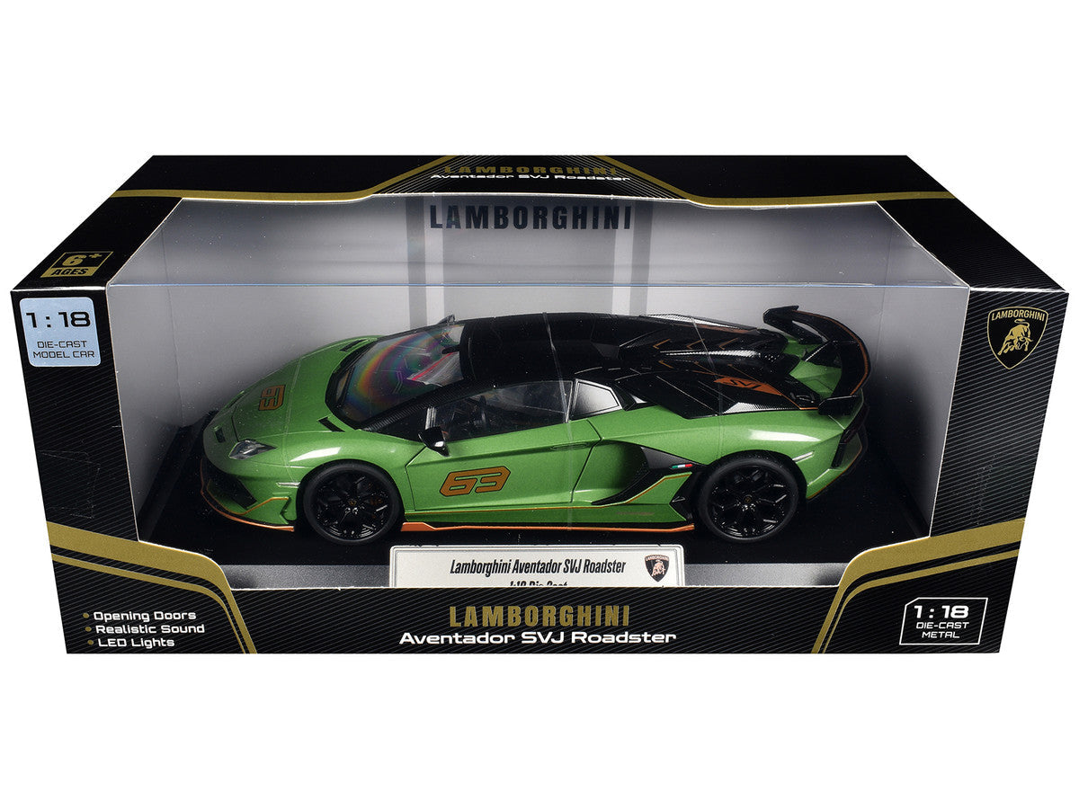 Lamborghini Aventador SVJ Roadster Green Metallic with Carbon Top and Gold Accents 1/18 Diecast Model Car by Heimanba LuxuryLifeWay Online Store