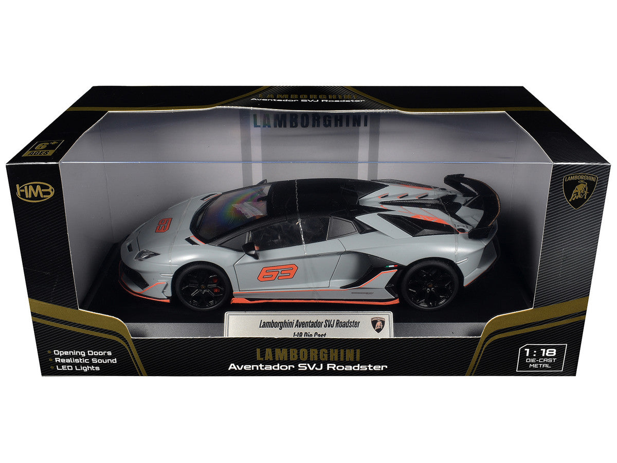 Lamborghini Aventador SVJ Roadster Matt Gray with Carbon Top and Orange Accents 1/18 Diecast Model Car by Heimanba LuxuryLifeWay Online Store