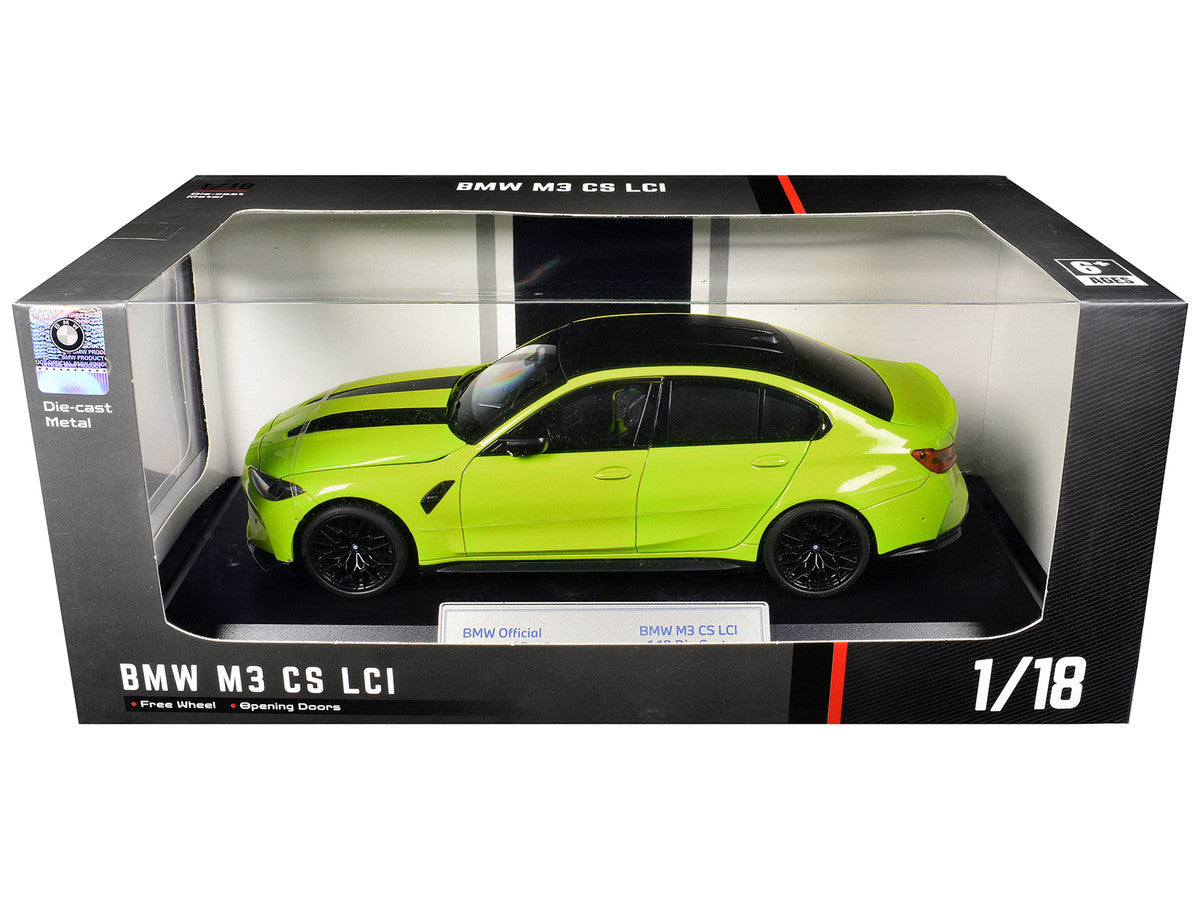 BMW M3 CS LCI Lime Green Metallic with Matt Black Top and Hood Stripes 1/18 Diecast Model Car by Heimanba LuxuryLifeWay Online Store