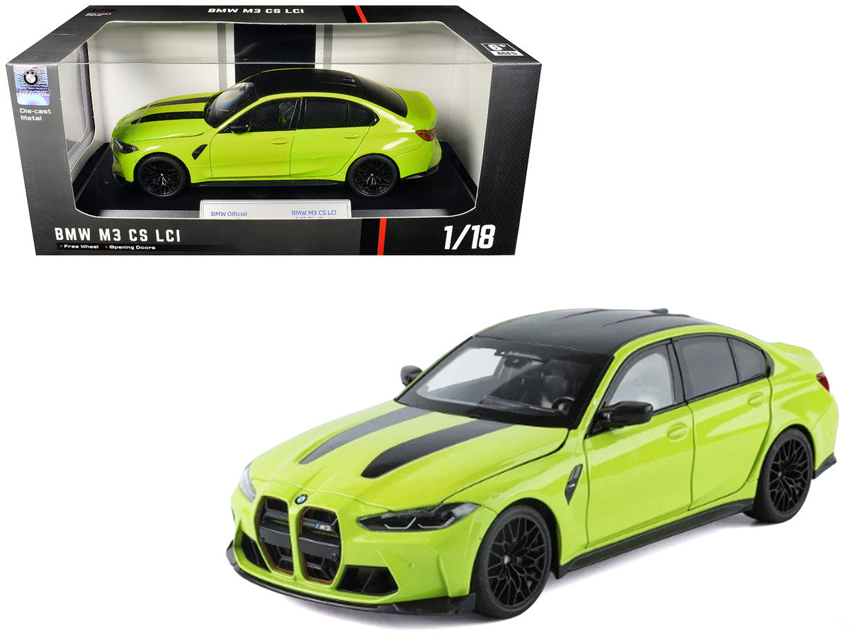 BMW M3 CS LCI Lime Green Metallic with Matt Black Top and Hood Stripes 1/18 Diecast Model Car by Heimanba LuxuryLifeWay Online Store