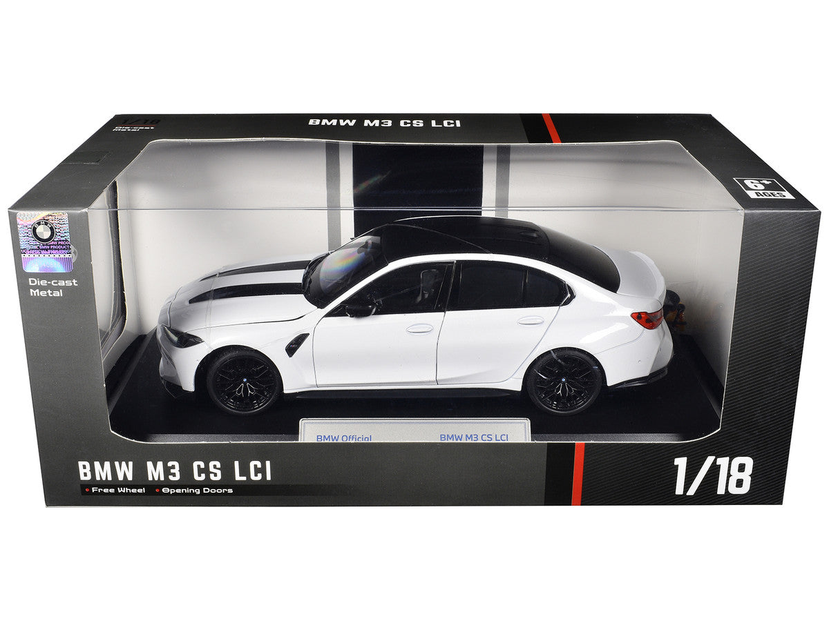 BMW M3 CS LCI White Metallic with Matt Black Top and Hood Stripes 1/18 Diecast Model Car by Heimanba LuxuryLifeWay Online Store