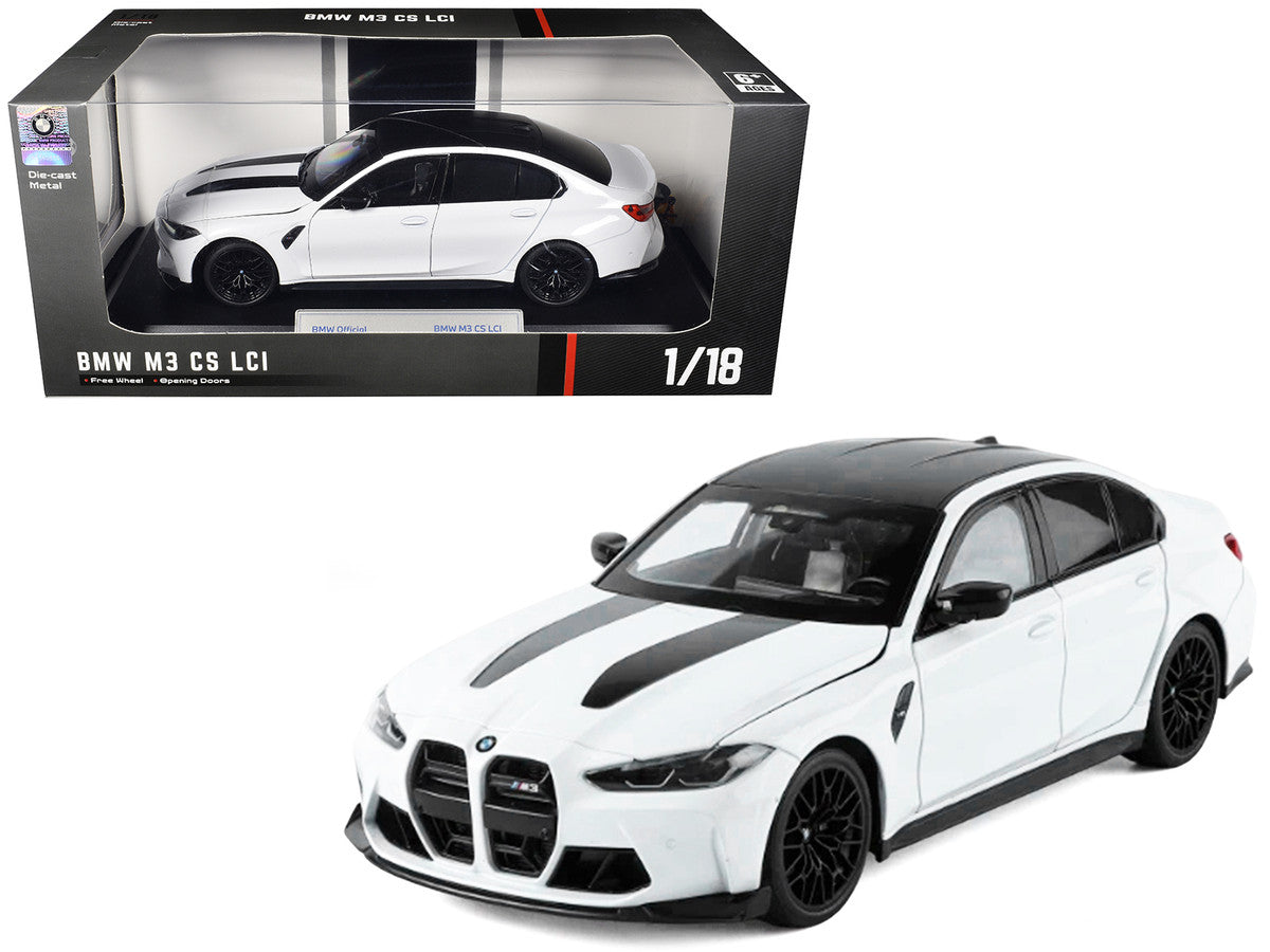 BMW M3 CS LCI White Metallic with Matt Black Top and Hood Stripes 1/18 Diecast Model Car by Heimanba LuxuryLifeWay Online Store