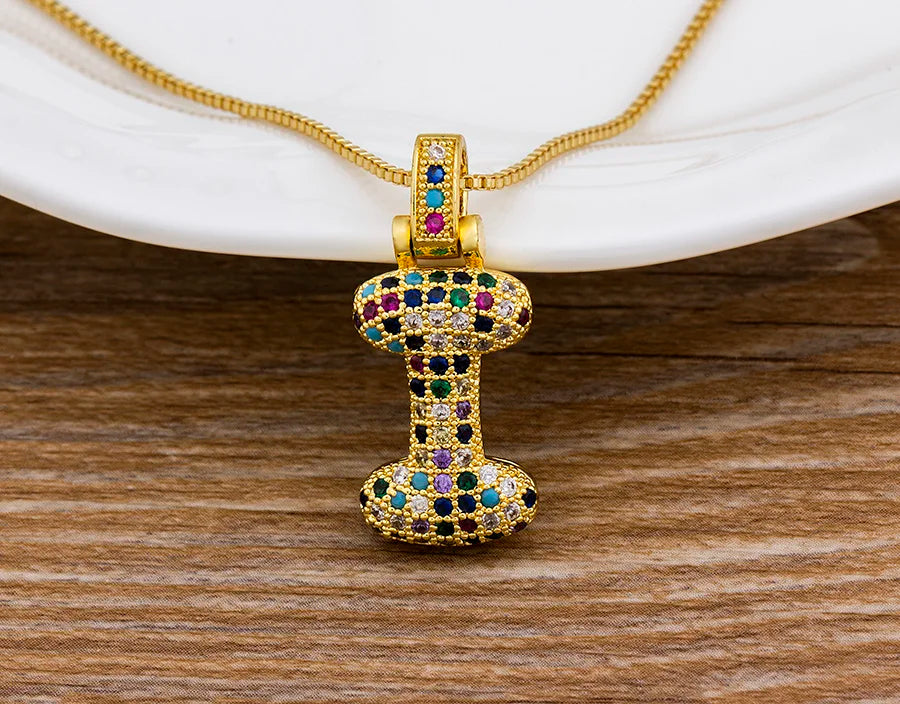Nidin Fashion Luxury 26 Letters Copper Zircon Pendant Necklace for Women Rainbow Initials Name Necklace Wedding Party Jewelry Pi-Mart