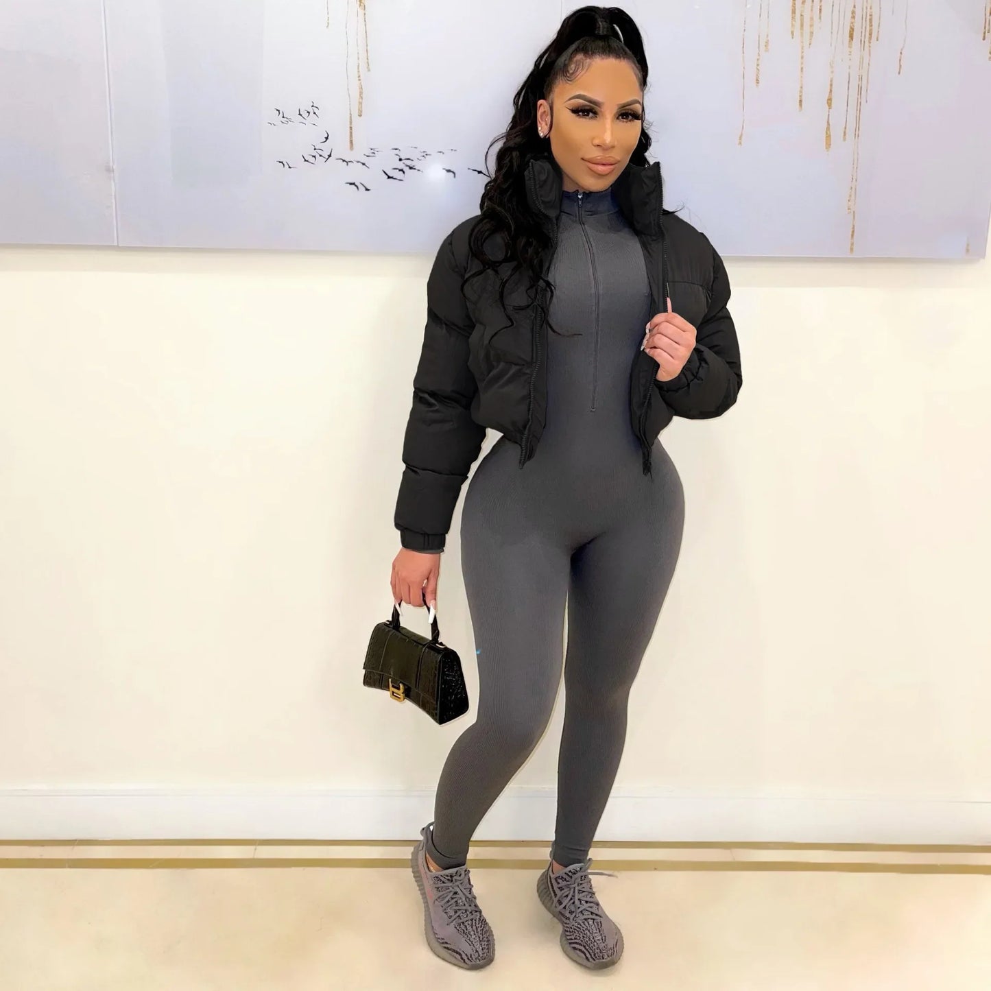 Fall Zip Up Turtleneck Cropped Puffer Jacket Solid Color Wholesale Winter Clothes Women Bubble Coat Outwear LadyShow.Store