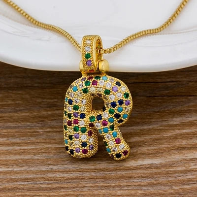Nidin Fashion Luxury 26 Letters Copper Zircon Pendant Necklace for Women Rainbow Initials Name Necklace Wedding Party Jewelry Pi-Mart