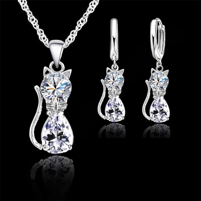 Real 925 Sterling Silver Color Jewelry Sets for Woman Girls Shining Austrian Crystal Cute Cat Pendant Necklace Huggie Earring Pi-Mart