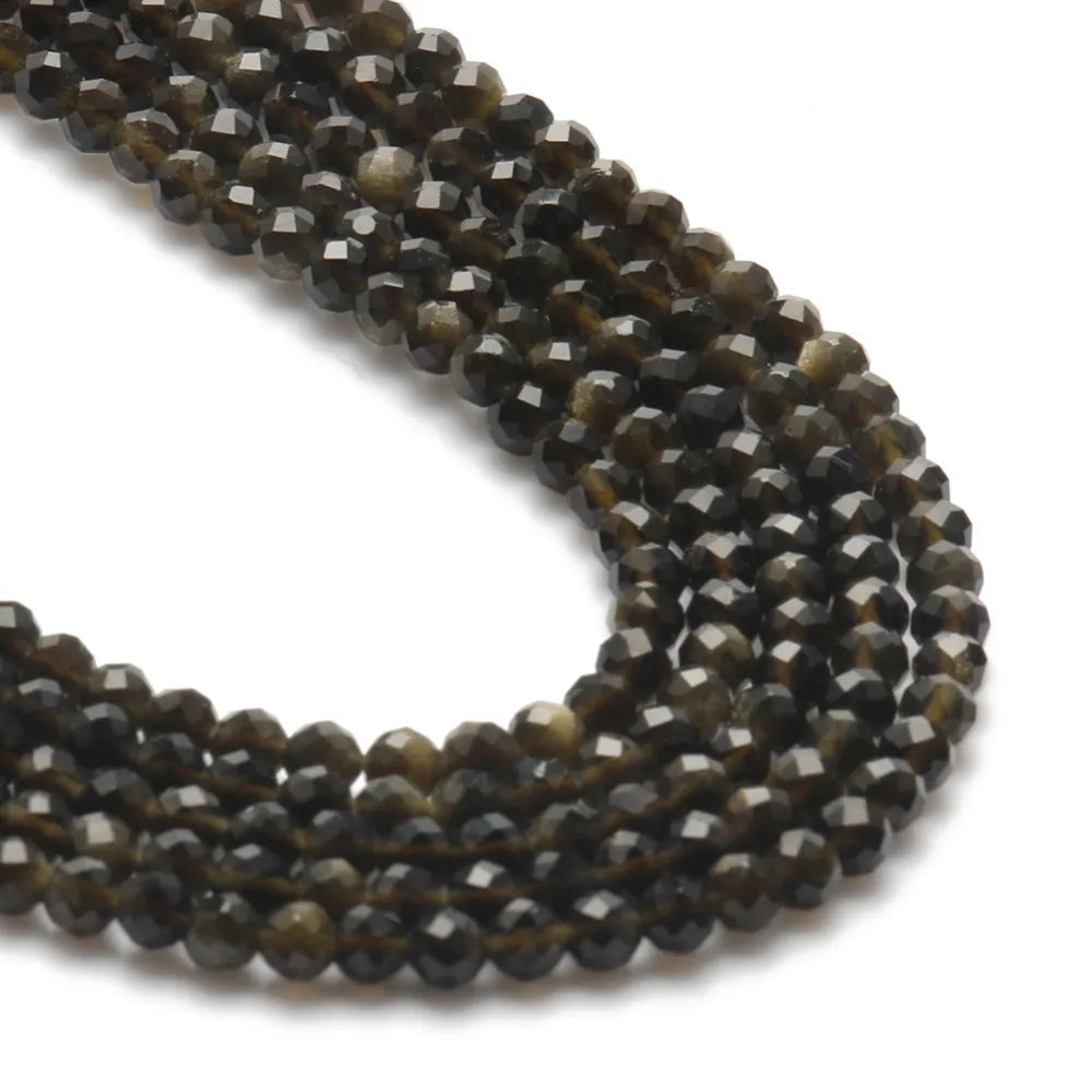 Natural Black Obsidian Stone 2/3/4mm Faceted Loose Round Mineral Beads for Jewelry Making DIY Christmas Gift Bracelets 15inch Pi-Mart
