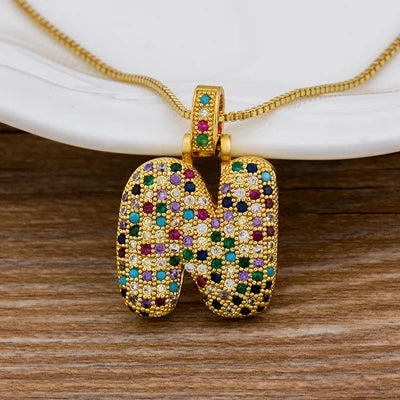 Nidin Fashion Luxury 26 Letters Copper Zircon Pendant Necklace for Women Rainbow Initials Name Necklace Wedding Party Jewelry Pi-Mart